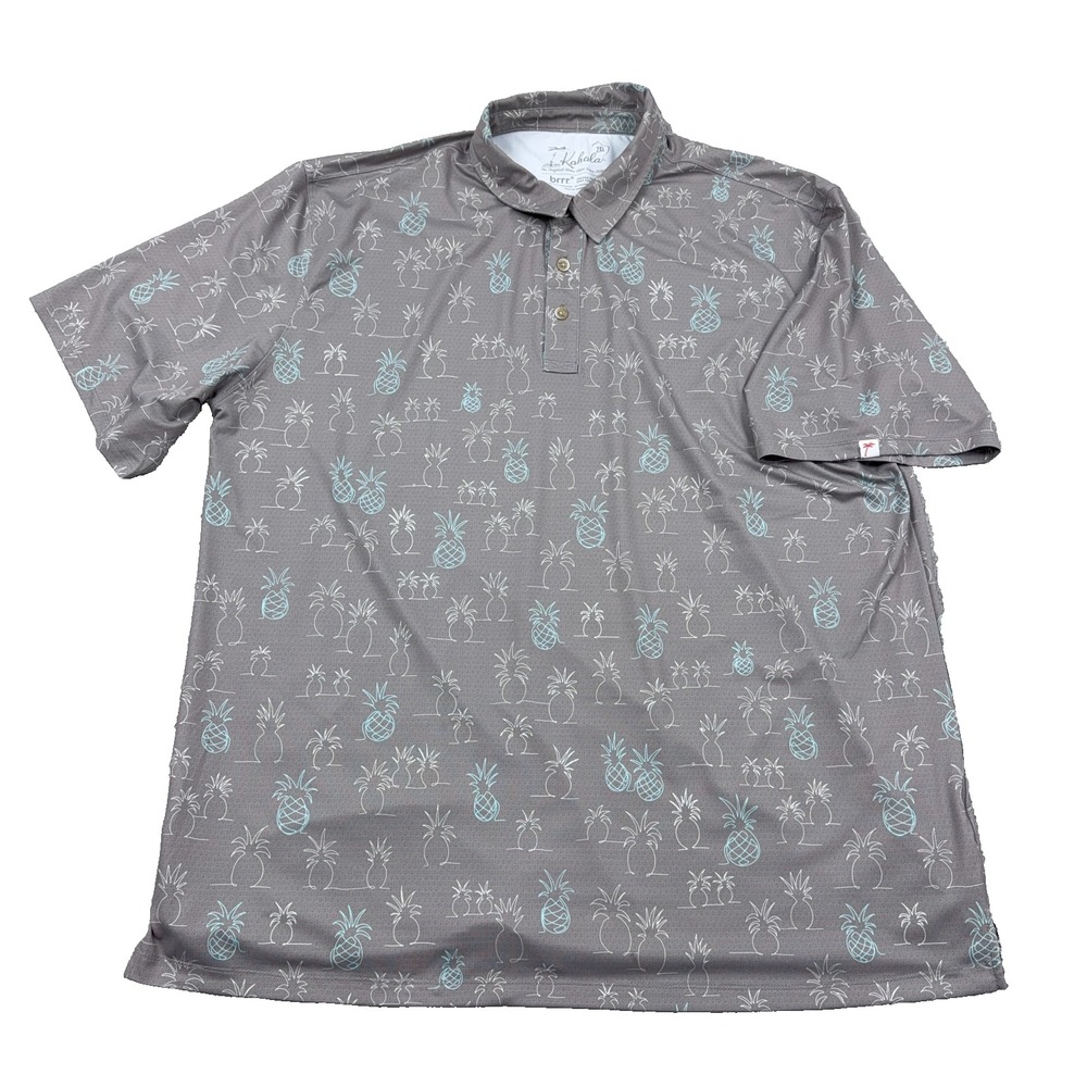 Kahala Polo Shirt Men XXL 2XL Gray Performance Wicking Pineapple Print Hawaiian